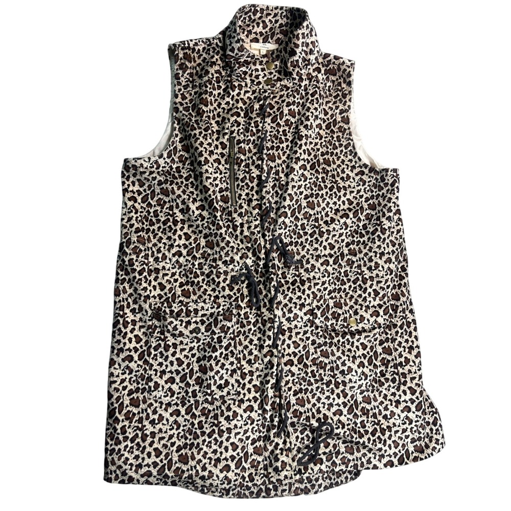 Entro Womens Large Leopard Print Utility Vest Safari Cargo Drawstring Zip